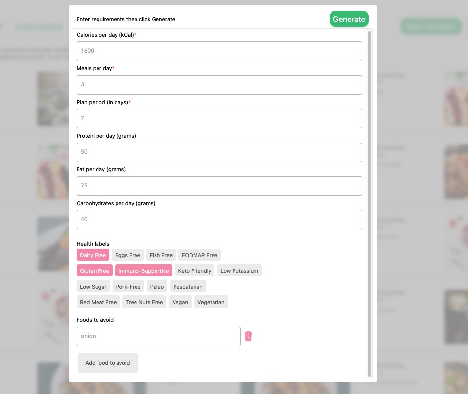 Foodzilla meal plan template generation interface